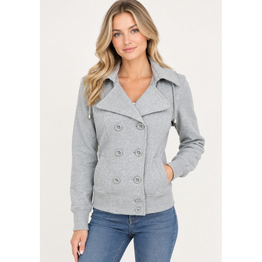 Sebby Gray Fleece Peacoat Hoodie Jacket Large Double Breasted NWT Cozy Soft